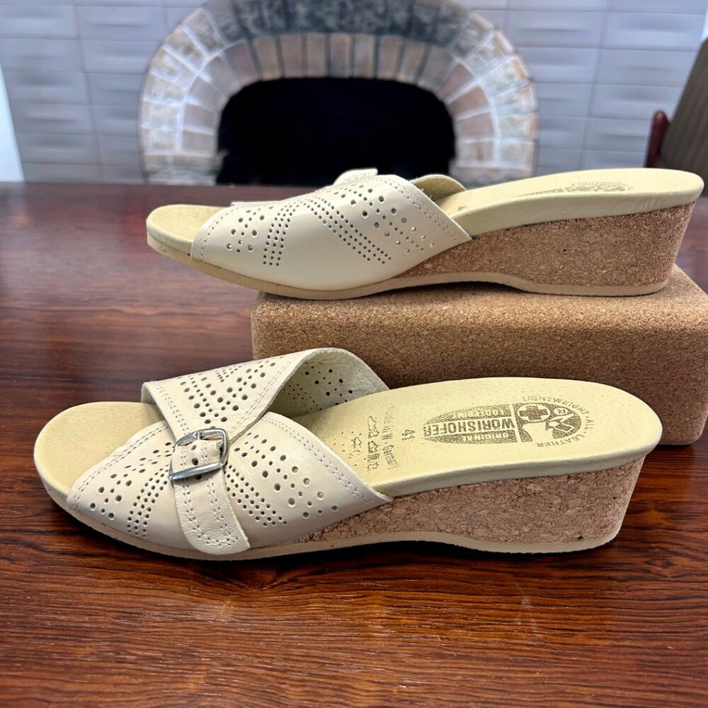 Worishofer Cream Perforated Leather Slides - Cork Wedge - Size 41 - Picture 4 of 8